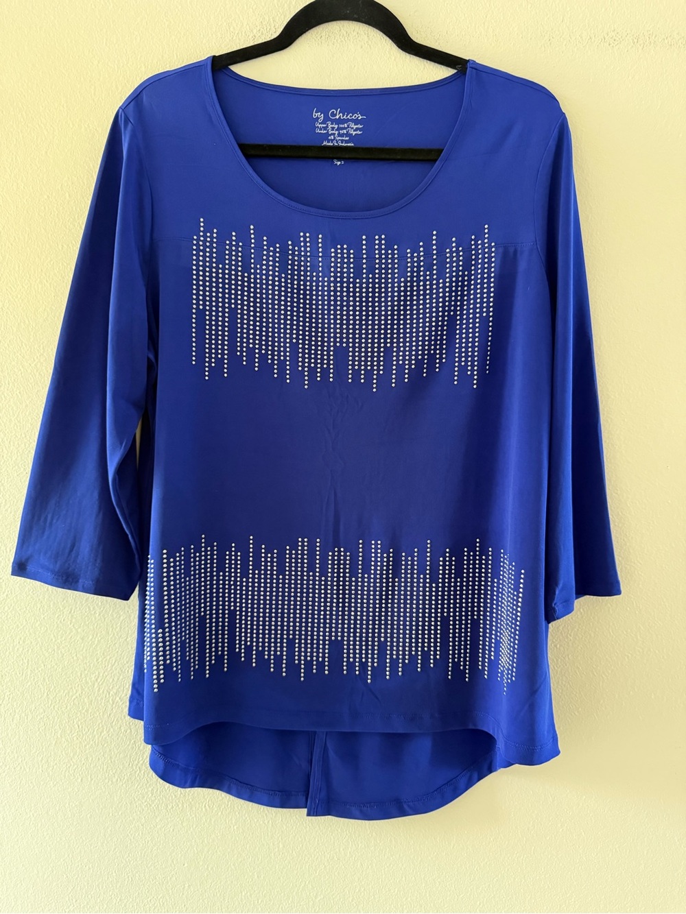 Chico's Cobalt Blue Rhinestone Scoop Neck Long Sleeve Tunic Blouse Size 2 US L